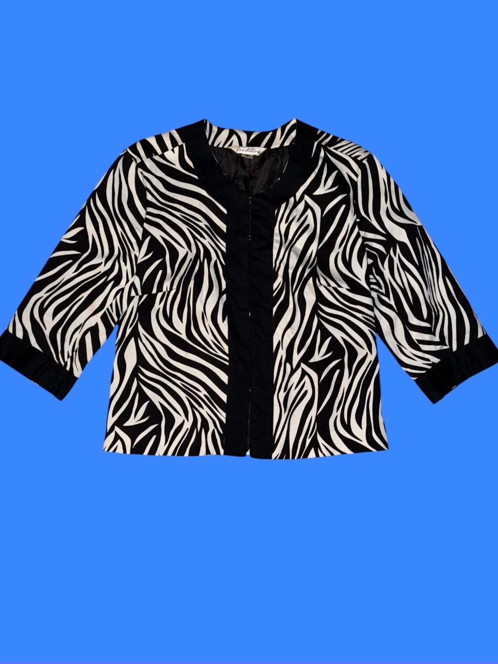 Vintage Tradition Zebra Collarless 3/4 Sleeve Jacket Blazer Size 8P